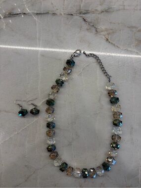 Necklace and earring combo: sage green and silver